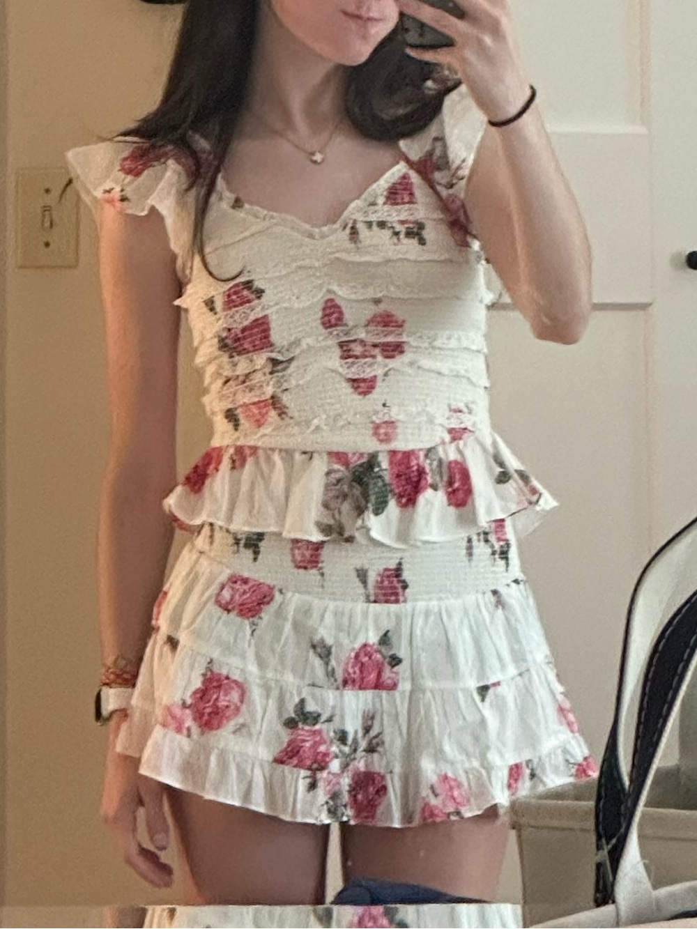 LoveShackFancy Preppy Floral Mini Skirt Set, White and Pink Size XS